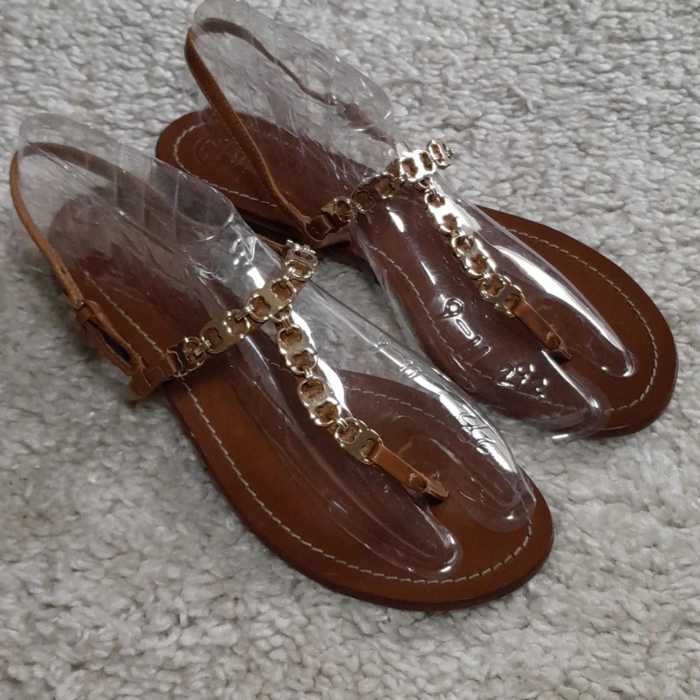 TORY BURCH GEMINI Gold Chain Thong Sandals Size 10